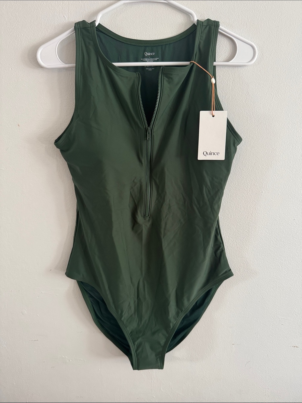 NWT Quince Dark Green Italian Zip-Front One-Piece Swimsuit Sz L